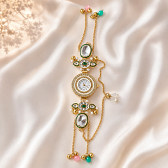 Gold Round Kundan Stone Bracelet Watch Alloy