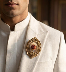 Ethnic Rudraksha Studded Antique Gold Brooch for Men