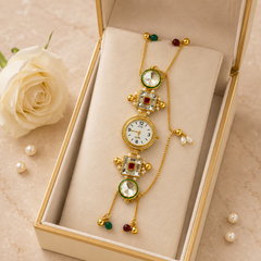Gold Round Kundan Bracelet Watch Alloy