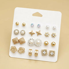 12-Pair Gold & Pearl Stud Earring Combo Set – Floral, Geometric & Crystal Designs