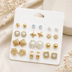 12-Pair Gold & Pearl Stud Earring Combo Set – Floral, Geometric & Crystal Designs