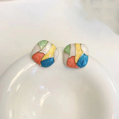 Korean Style Geometric Stud Earrings, Multi-Coloured Mosaic Pattern, Square Design