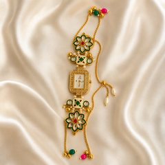 Gold Rectangular Kundan Bracelet Watch Alloy