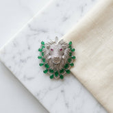 Emerald Lion Magnetic Brooch in Brass with Zircon Stones
