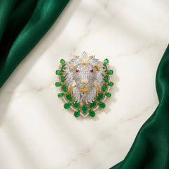 Emerald Lion Magnetic Brooch in Brass with Zircon Stones