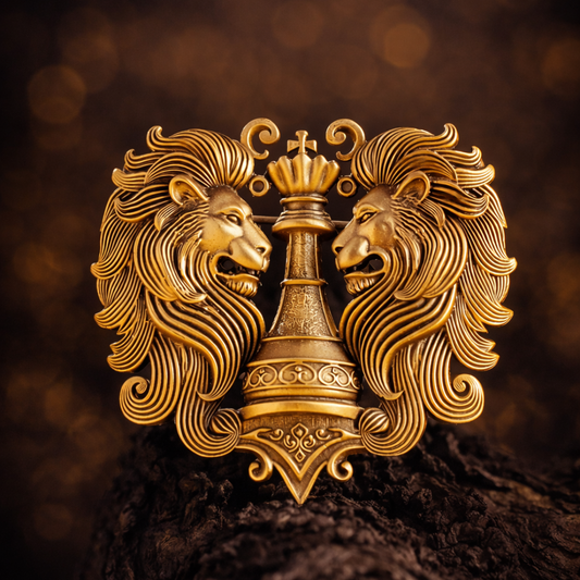 Antique Gold Twin Lion Crest Brooch