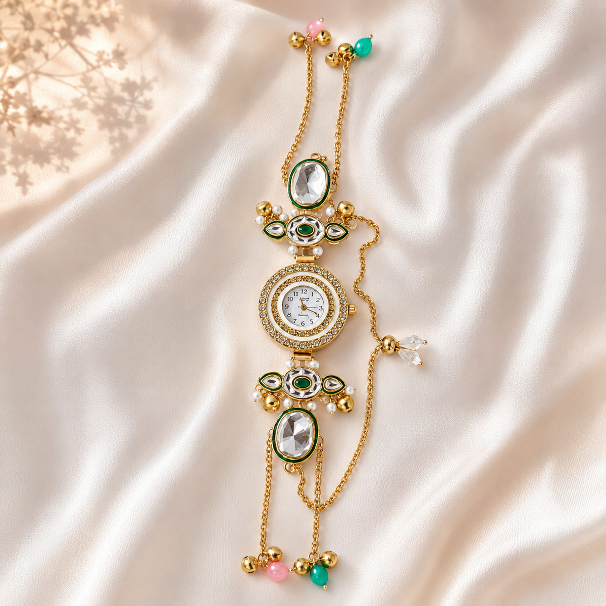 Gold Round Kundan Stone Bracelet Watch Alloy