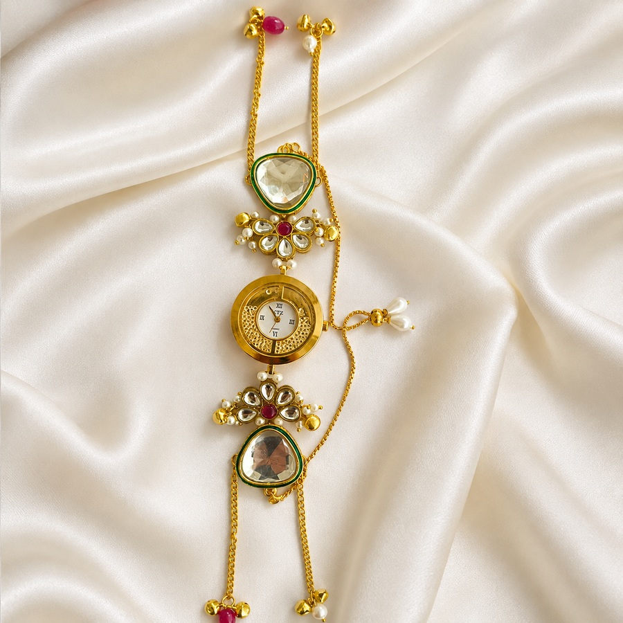 Gold Round Kundan Bracelet Watch Alloy