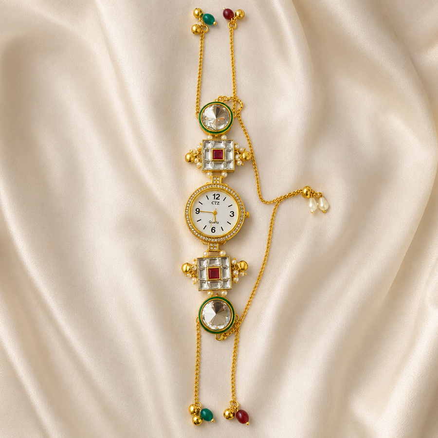 Gold Round Kundan Bracelet Watch Alloy