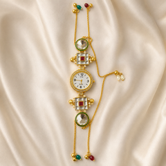 Gold Round Kundan Bracelet Watch Alloy