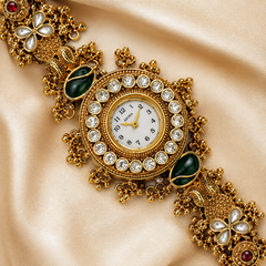 Antique Gold Round Kundan Bracelet Watch Alloy