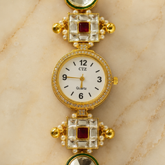 Gold Round Kundan Bracelet Watch Alloy