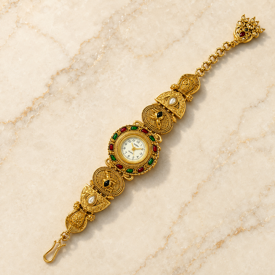Gold Round Stone Bracelet Watch Alloy