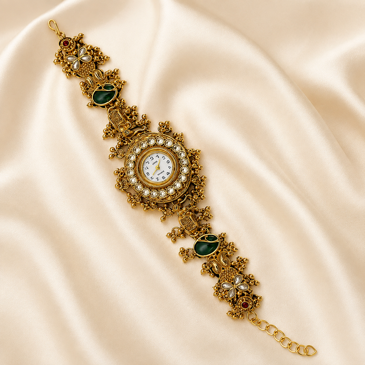 Antique Gold Round Kundan Bracelet Watch Alloy