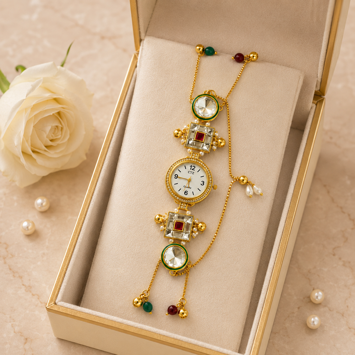 Gold Round Kundan Bracelet Watch Alloy