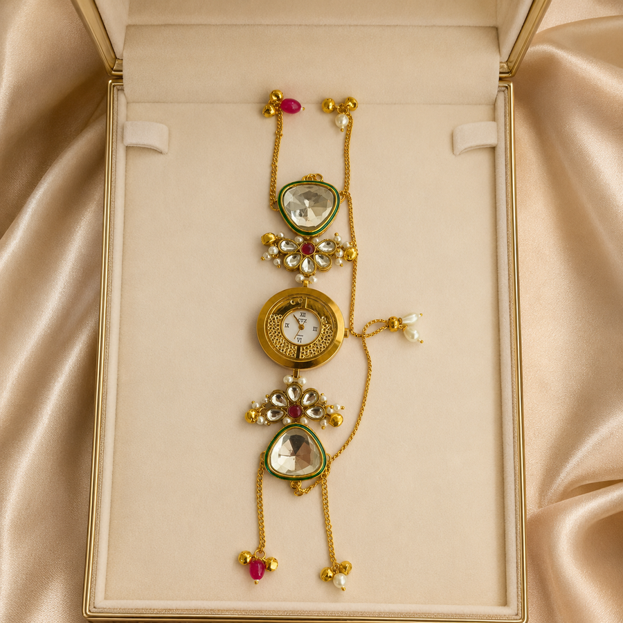 Gold Round Kundan Bracelet Watch Alloy