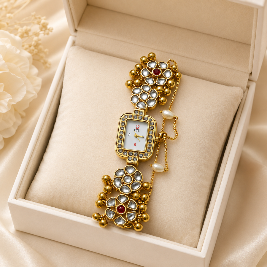 Gold-Tone Traditional Kashmiri Kundan Stonework Women’s Watch