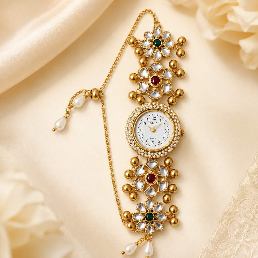 Gold-Tone Kashmiri Kundan Bracelet Watch for Women with Pearl Detailing
