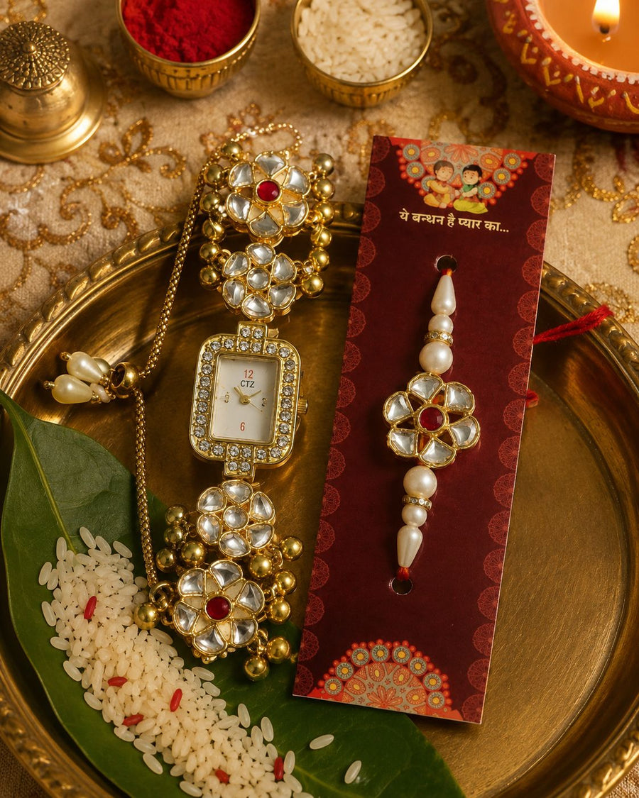 Kashmiri Traditional Women’s Watch with Gold-Tone Kundan Rakhi, Akshat & Kumkum Gift Set