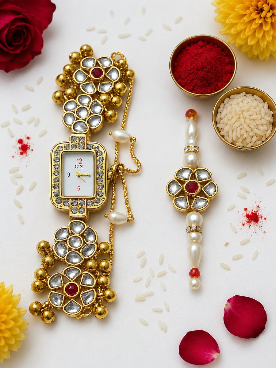 Kashmiri Traditional Women’s Watch with Gold-Tone Kundan Rakhi, Akshat & Kumkum Gift Set