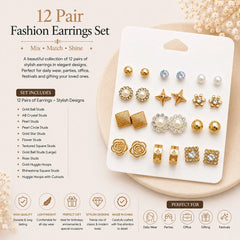 12-Pair Gold & Pearl Stud Earring Combo Set – Floral, Geometric & Crystal Designs