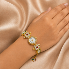 Gold Round Kundan Bracelet Watch Alloy