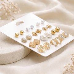 12-Pair Gold & Pearl Stud Earring Combo Set – Floral, Geometric & Crystal Designs