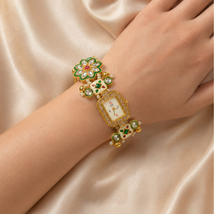 Gold Rectangular Kundan Bracelet Watch Alloy