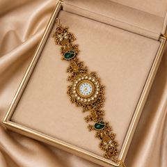 Antique Gold Round Kundan Bracelet Watch Alloy