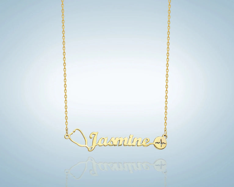 Gold Personalized Stethoscope Name Necklace , Stethoscope Name Necklace , Stethoscope Necklace With Name , Nurse Name Necklace