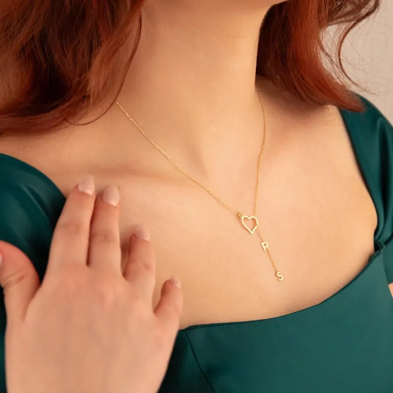Dainty Custom Name Lariat Necklace, Custom Drop Name Necklace, Personalized Lariat Y Heart Shape Necklace, Y Name Necklace, Mothers Day Gift