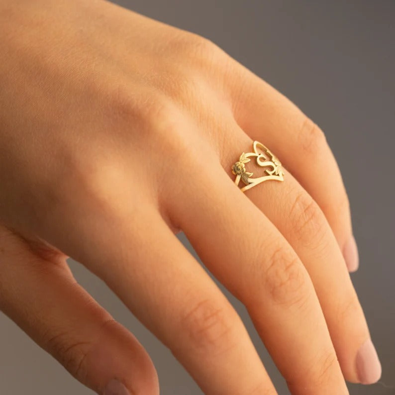 Custom Initials Letter Heart and Flowers Rings - Valentine's Day Gift - Custom Initial Ring - Dainty Letter Ring - Gift for Her
