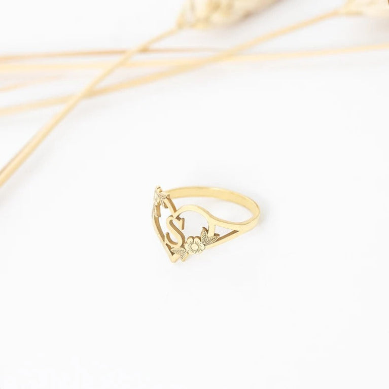 Custom Initials Letter Heart and Flowers Rings - Valentine's Day Gift - Custom Initial Ring - Dainty Letter Ring - Gift for Her