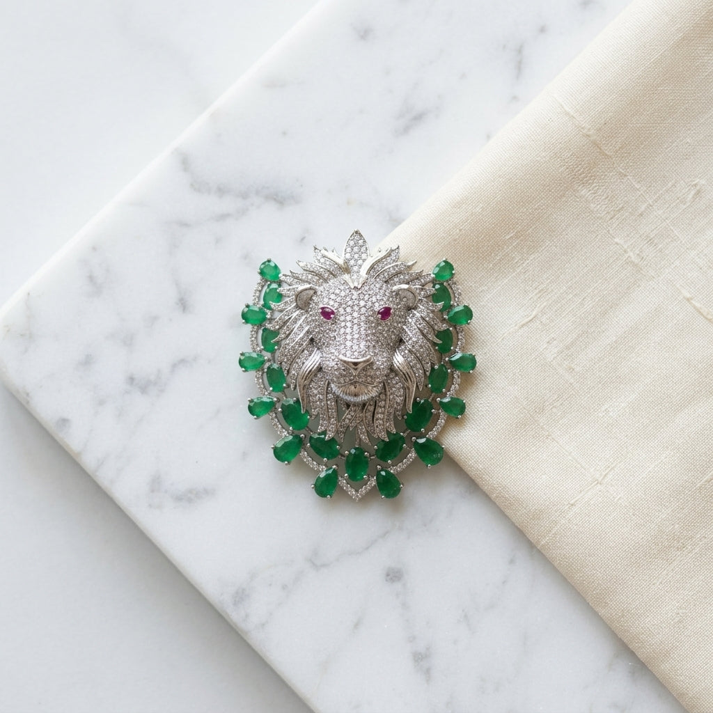 Emerald Lion Magnetic Brooch in Brass with Zircon Stones
