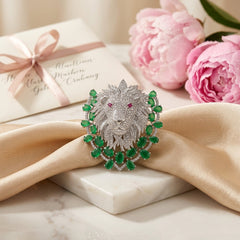 Emerald Lion Magnetic Brooch in Brass with Zircon Stones