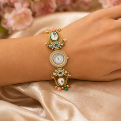 Gold Round Kundan Stone Bracelet Watch Alloy